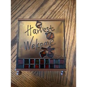 Harvest Welcome Fall Glass Lantern Cornucopia Mosaic Candle Holder 4x4x4.5
